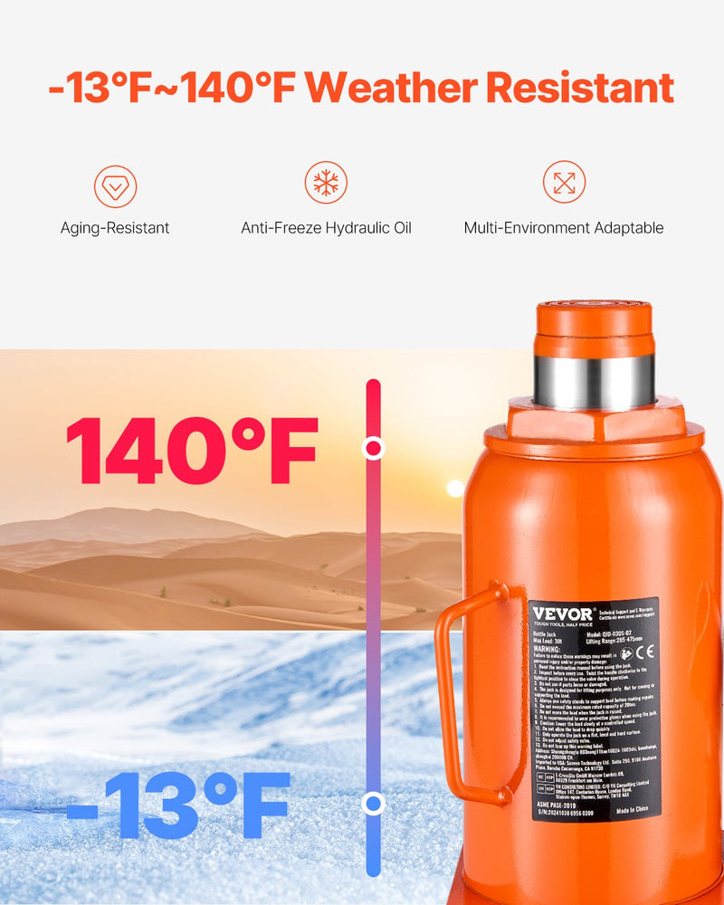 VEVOR Hidrauliskais pudeles domkrats 30 tonnas Manuāls augstais pacēlums automobiļu remonta darbnīcām