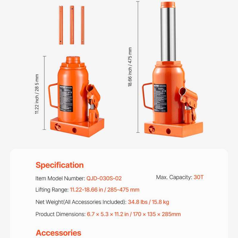 VEVOR Hidrauliskais pudeles domkrats 30 tonnas Manuāls augstais pacēlums automobiļu remonta darbnīcām