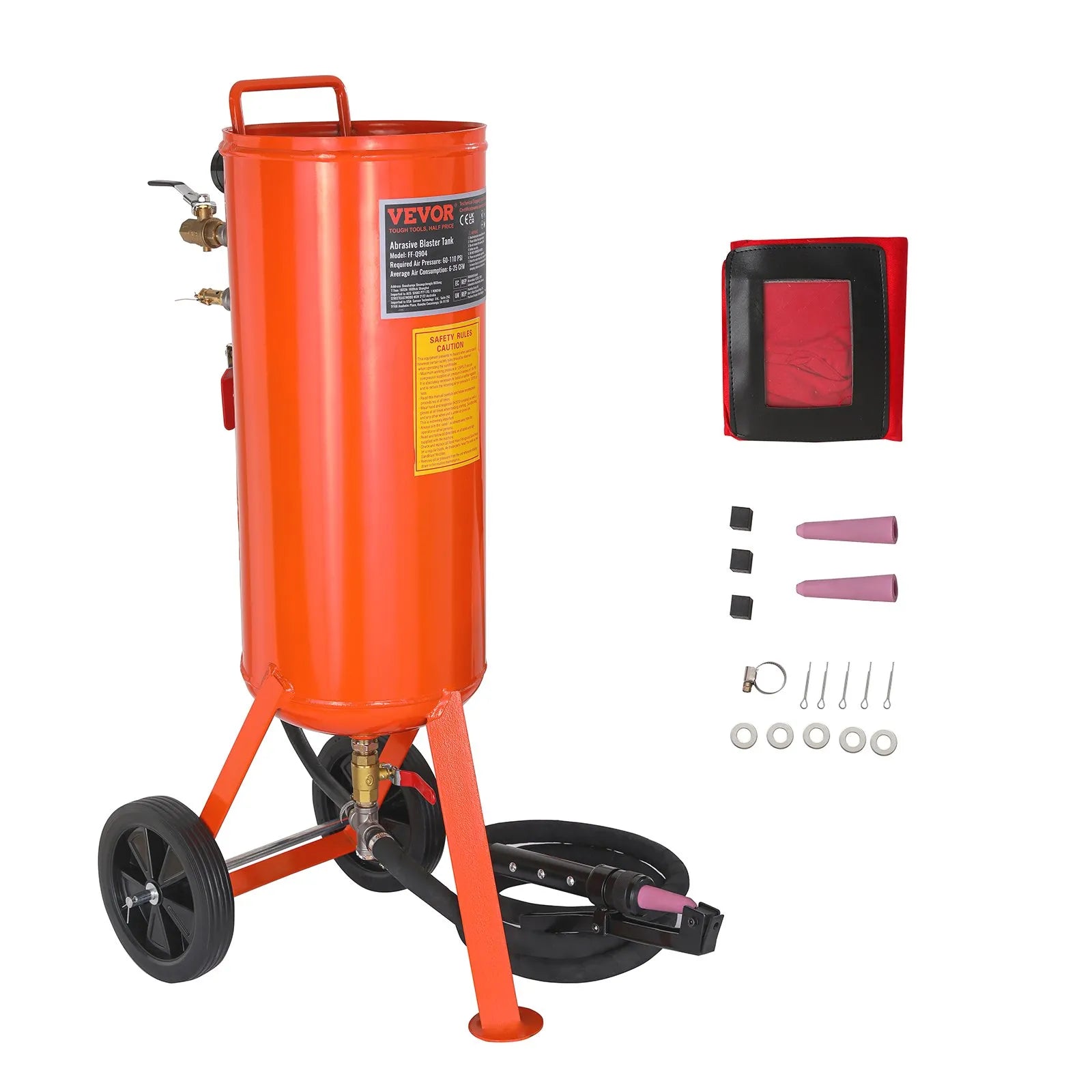 VEVOR 37,9 l smilšu strūklas iekārta, 4,1–7,6 bar, ar 2 uzgaļiem un 228,6 cm šļūteni