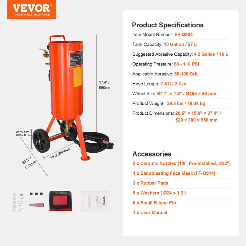 VEVOR 37,9 l smilšu strūklas iekārta, 4,1–7,6 bar, ar 2 uzgaļiem un 228,6 cm šļūteni