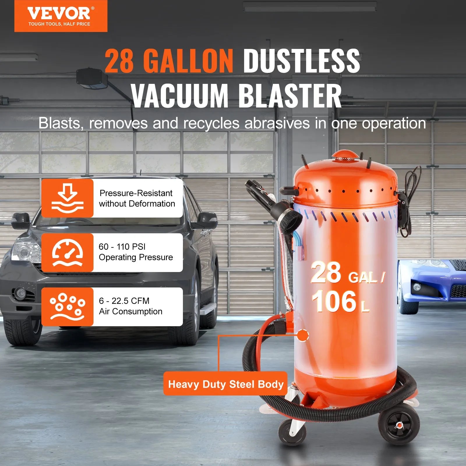 VEVOR 106 l vakuuma smilšu strūklas iekārta ar 1200 W putekļu savākšanas sistēmu un abrazīva recirkulāciju, 4,1–7,6 bar smagās klases smilšu strūklas iekārta