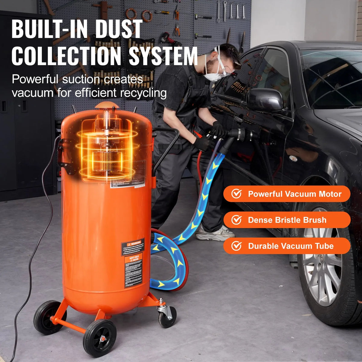 VEVOR 106 l vakuuma smilšu strūklas iekārta ar 1200 W putekļu savākšanas sistēmu un abrazīva recirkulāciju, 4,1–7,6 bar smagās klases smilšu strūklas iekārta