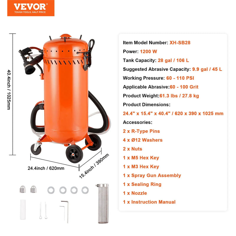 VEVOR 106 l vakuuma smilšu strūklas iekārta ar 1200 W putekļu savākšanas sistēmu un abrazīva recirkulāciju, 4,1–7,6 bar smagās klases smilšu strūklas iekārta