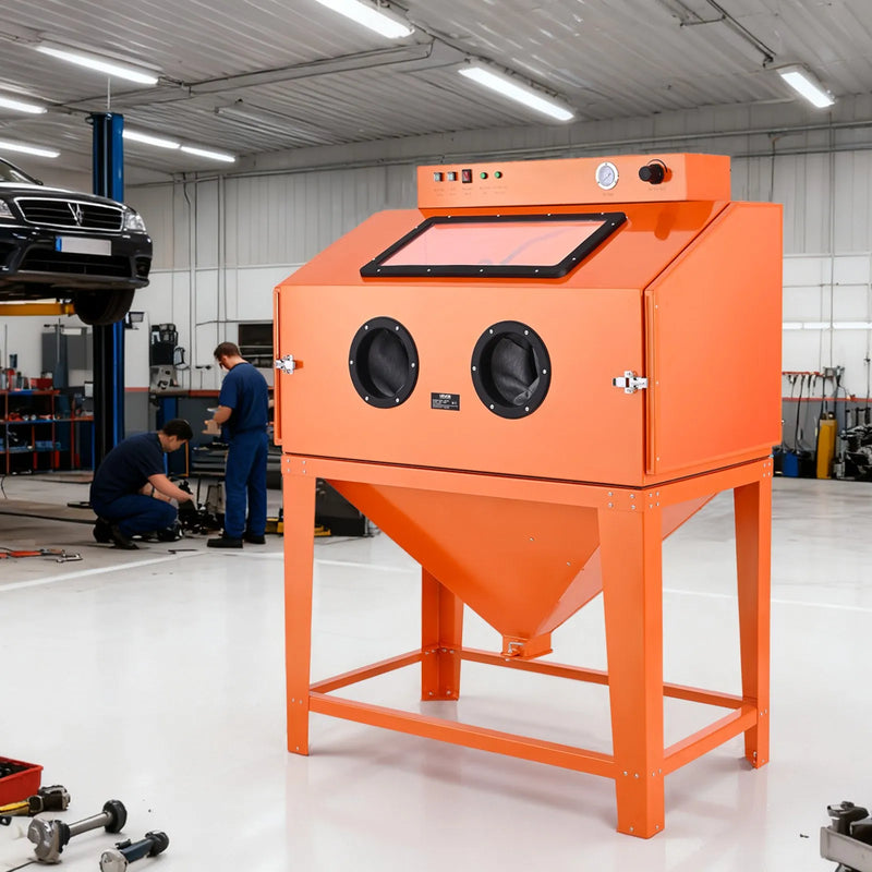 VEVOR 435 l smilšu strūklas kabīne no pastiprināta tērauda ar divu strūklas pistoļu komplektu, 117 l abrazīvā materiāla tvertni un 1200 W jaudīgu putekļu savācēju lielgabarīta detaļu rūsas noņemšanai un virsmu apdarei