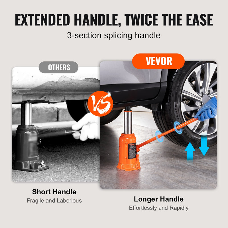 Гидравлический бутылочный домкрат VEVOR, грузоподъемность 20 т, сварная конструкция, диапазон подъема 240-450 мм, с 3-секционной длинной ручкой, для легковых автомобилей, пикапов, грузовиков, кемперов, ремонтных и промышленных работ