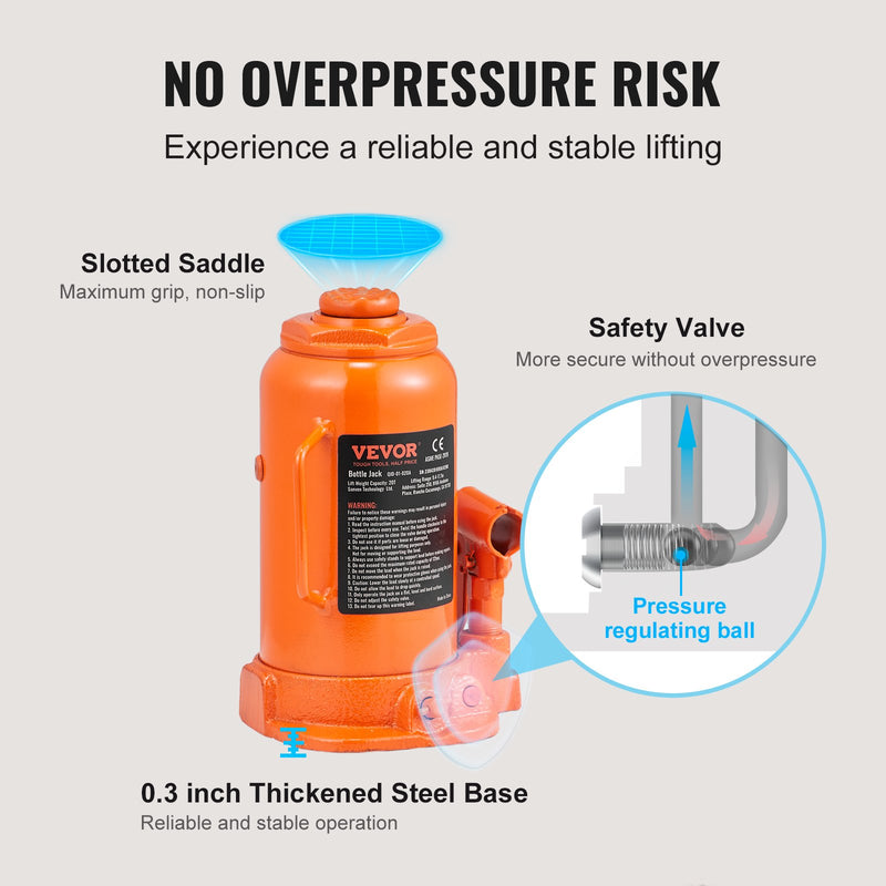 Гидравлический бутылочный домкрат VEVOR, грузоподъемность 20 т, сварная конструкция, диапазон подъема 240-450 мм, с 3-секционной длинной ручкой, для легковых автомобилей, пикапов, грузовиков, кемперов, ремонтных и промышленных работ