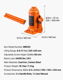 VEVOR hidrauliskais pudeles domkrats 20 t ar pacelšanas diapazonu 225–435 mm, pastiprinātas konstrukcijas metināts domkrats automašīnām, SUV, pikapiem, auto remontam, ēku pacelšanai un lauksaimniecības tehnikai, oranžs