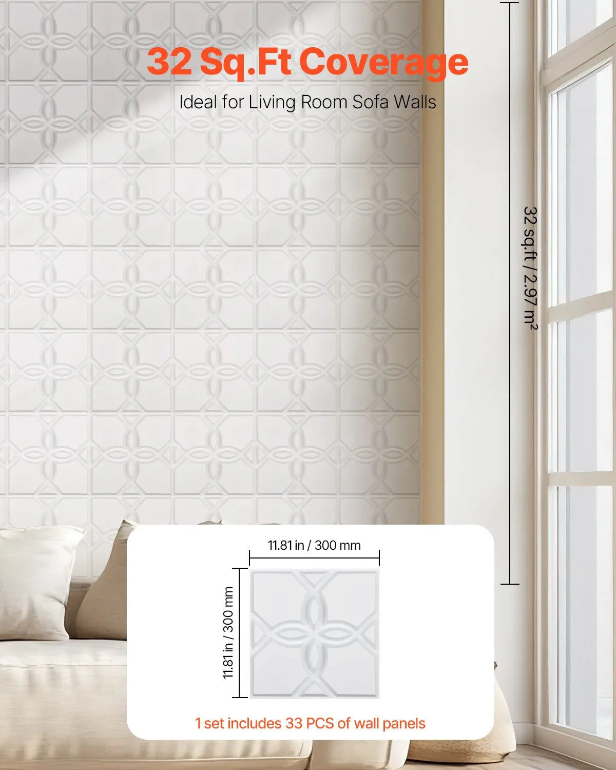 VEVOR 3D sienas paneļi, 33 gab., PVC minimālisma ziedu dizaina flīzes, 300 × 300 mm, kopējais pārklājums 3,0 m², akcenta sienas dekors interjeram griestiem, guļamistabai, viesistabai un spēļu telpai, matēti baltā krāsā