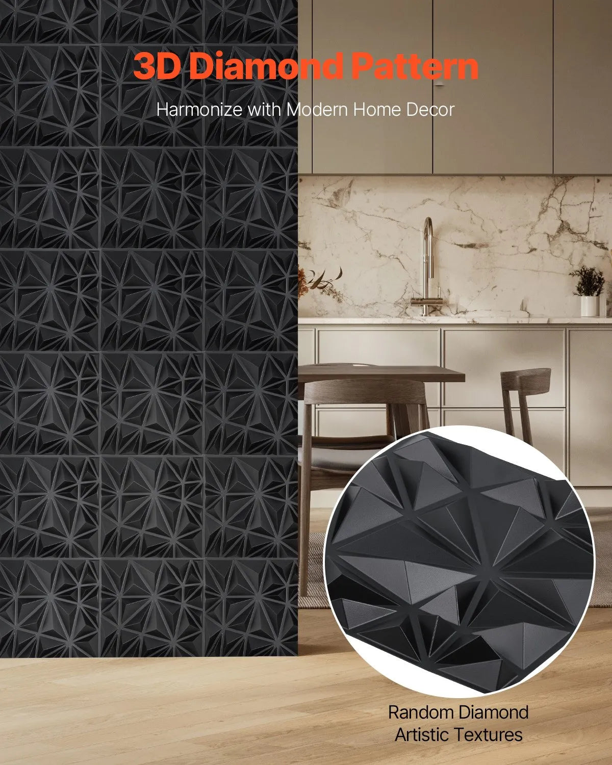 VEVOR 3D sienas paneļi, 33 gab., PVC minimālisma romba dizaina flīzes, 300 × 300 mm, kopējais pārklājums 3 m², akcenta sienas dekors interjeram griestiem, guļamistabai, viesistabai un spēļu telpai, matēti melnā krāsā