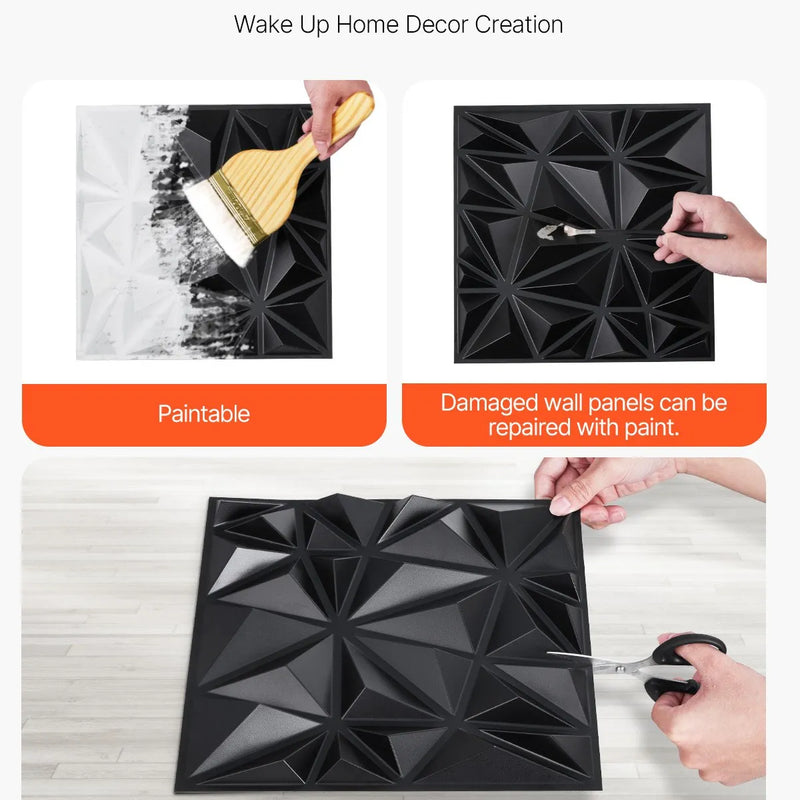 VEVOR 3D sienas paneļi, 33 gab., PVC minimālisma romba dizaina flīzes, 300 × 300 mm, kopējais pārklājums 3 m², akcenta sienas dekors interjeram griestiem, guļamistabai, viesistabai un spēļu telpai, matēti melnā krāsā