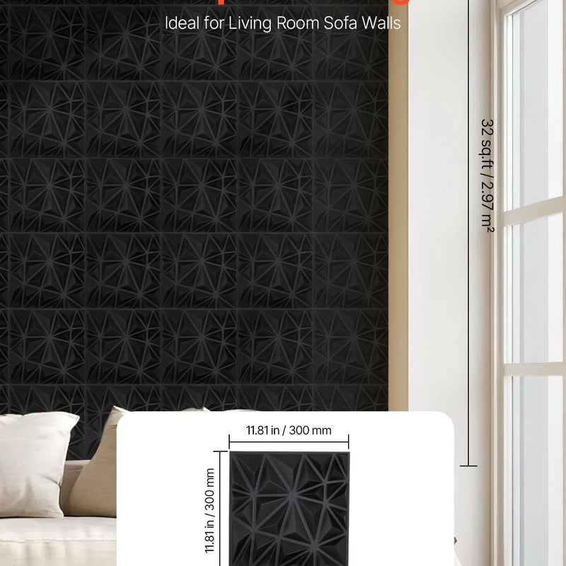 VEVOR 3D sienas paneļi, 33 gab., PVC minimālisma romba dizaina flīzes, 300 × 300 mm, kopējais pārklājums 3 m², akcenta sienas dekors interjeram griestiem, guļamistabai, viesistabai un spēļu telpai, matēti melnā krāsā
