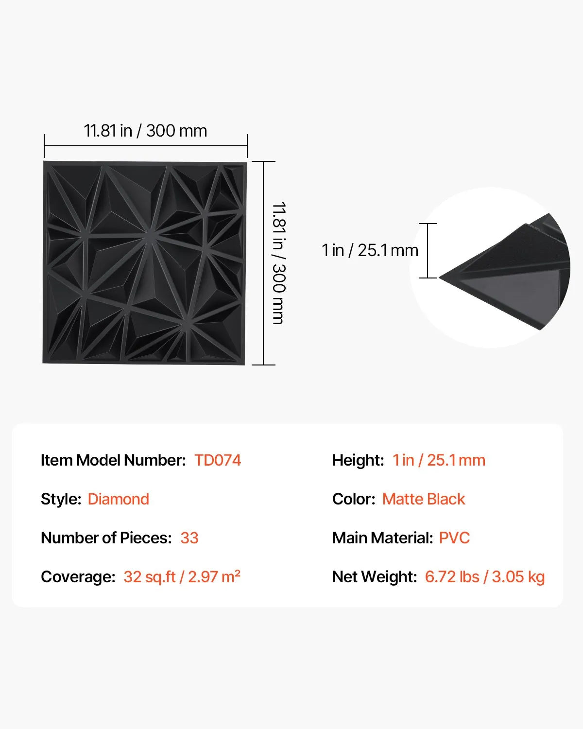 VEVOR 3D sienas paneļi, 33 gab., PVC minimālisma romba dizaina flīzes, 300 × 300 mm, kopējais pārklājums 3 m², akcenta sienas dekors interjeram griestiem, guļamistabai, viesistabai un spēļu telpai, matēti melnā krāsā