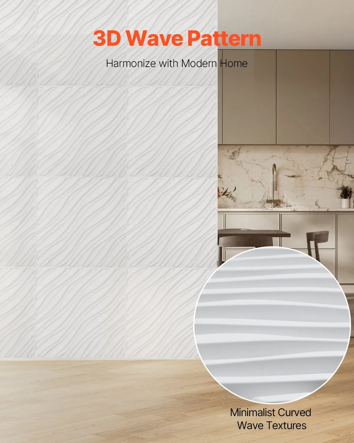 VEVOR 3D sienas paneļi, 12 gab., PVC minimālisma viļņu dizaina flīzes, 500 × 500 mm, kopējais pārklājums 3,0 m², akcenta sienas dekors interjeram griestiem, guļamistabai, viesistabai un spēļu telpai, matēti baltā krāsā