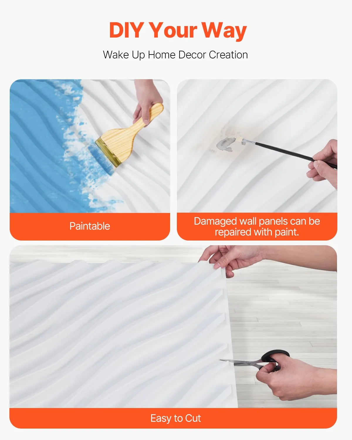 VEVOR 3D sienas paneļi, 12 gab., PVC minimālisma viļņu dizaina flīzes, 500 × 500 mm, kopējais pārklājums 3,0 m², akcenta sienas dekors interjeram griestiem, guļamistabai, viesistabai un spēļu telpai, matēti baltā krāsā