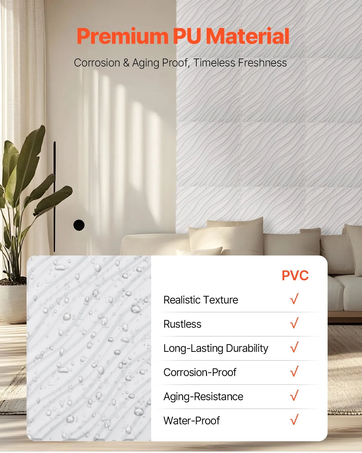VEVOR 3D sienas paneļi, 12 gab., PVC minimālisma viļņu dizaina flīzes, 500 × 500 mm, kopējais pārklājums 3,0 m², akcenta sienas dekors interjeram griestiem, guļamistabai, viesistabai un spēļu telpai, matēti baltā krāsā