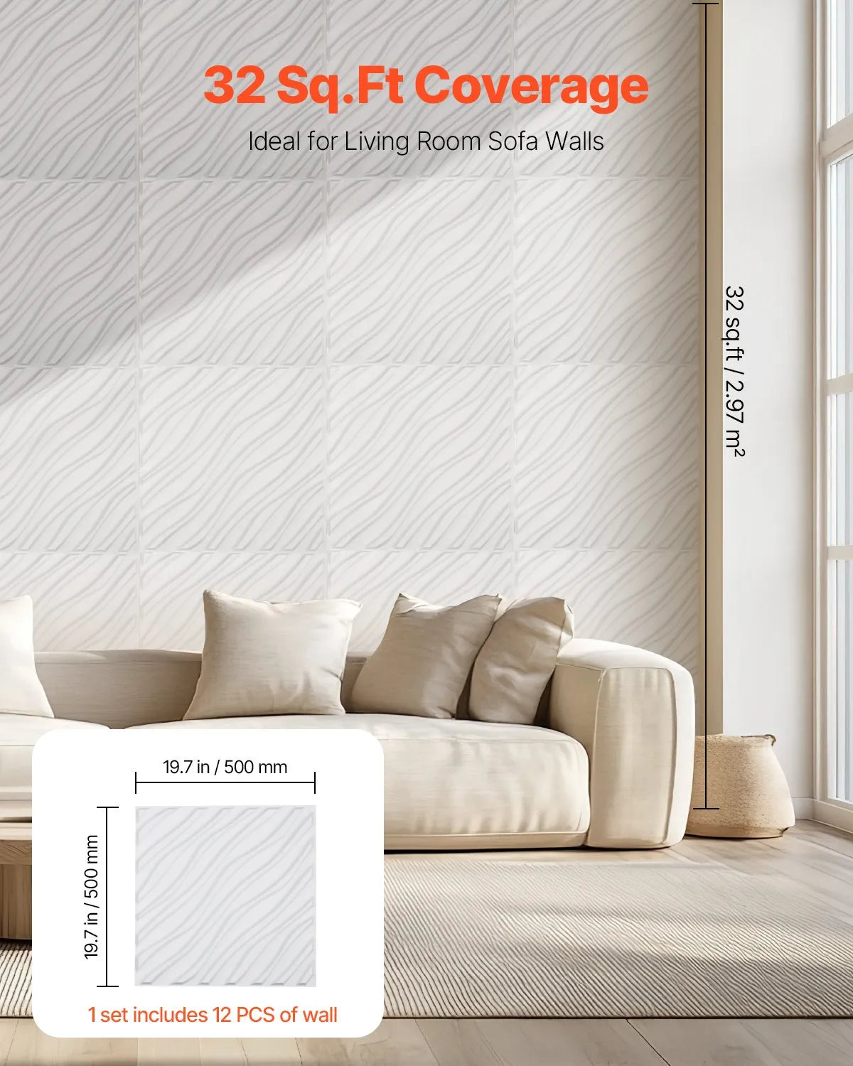 VEVOR 3D sienas paneļi, 12 gab., PVC minimālisma viļņu dizaina flīzes, 500 × 500 mm, kopējais pārklājums 3,0 m², akcenta sienas dekors interjeram griestiem, guļamistabai, viesistabai un spēļu telpai, matēti baltā krāsā