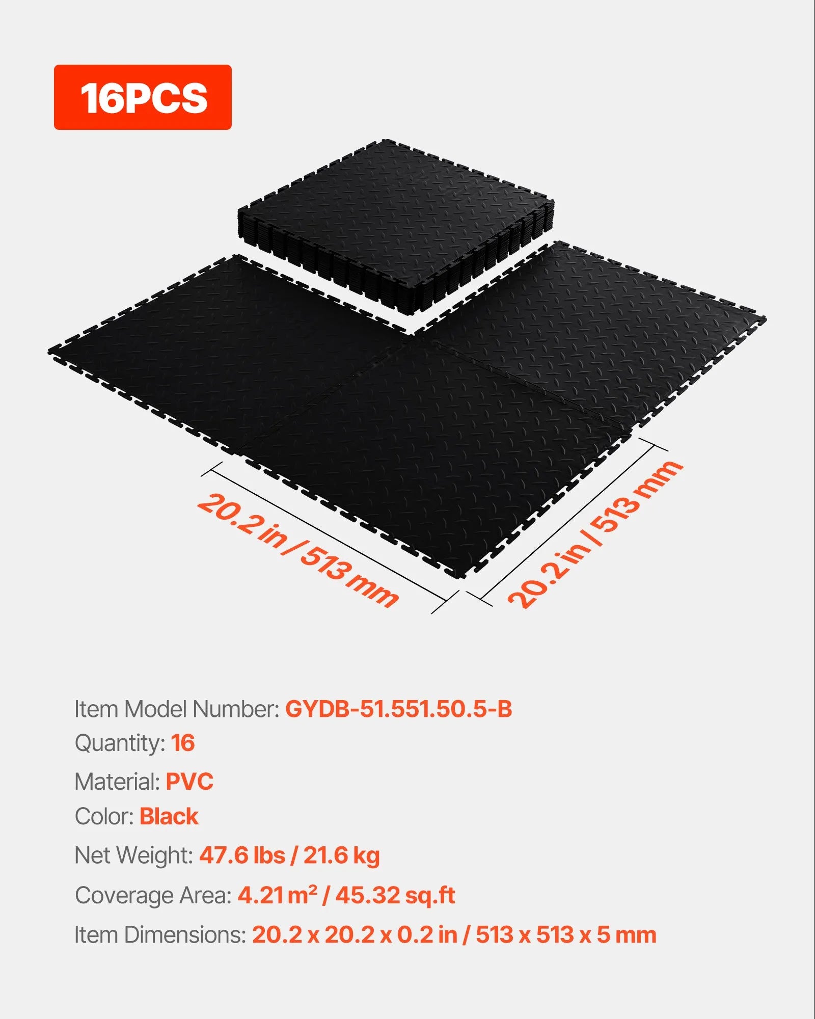 VEVOR savienojamas garāžas grīdas flīzes 513 × 513 × 5 mm, 16 gab., neslīdoši PVC paklāji ar rombveida reljefu, melnas