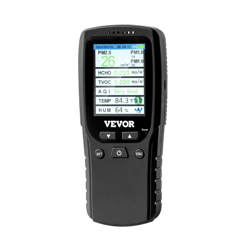 VEVOR 8-in-1 gaisa kvalitātes monitors, profesionāls PM2.5 / PM10 / PM1.0 daļiņu skaitītājs ar formaldehīda, TVOC, temperatūras un mitruma mērīšanu, AQI mērītājs lietošanai telpās un ārā ar trauksmes sliekšņiem