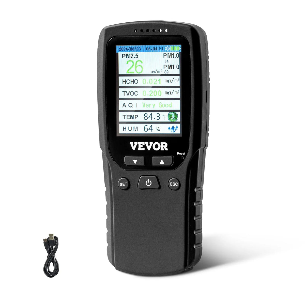 VEVOR 8-in-1 gaisa kvalitātes monitors, profesionāls PM2.5 / PM10 / PM1.0 daļiņu skaitītājs ar formaldehīda, TVOC, temperatūras un mitruma mērīšanu, AQI mērītājs lietošanai telpās un ārā ar trauksmes sliekšņiem