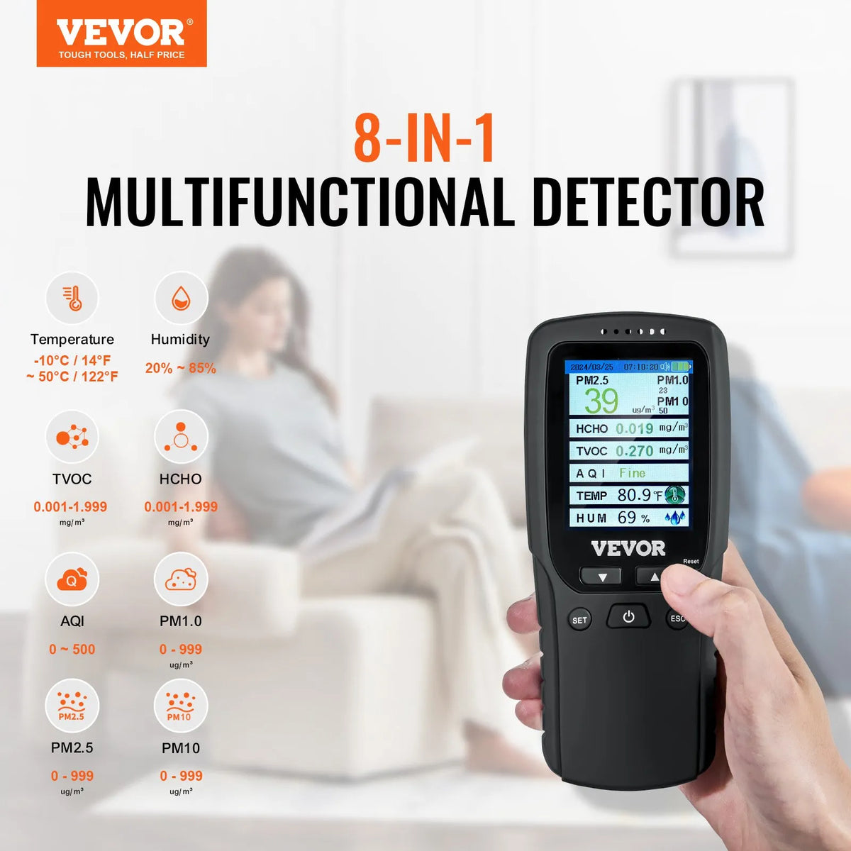VEVOR 8-in-1 gaisa kvalitātes monitors, profesionāls PM2.5 / PM10 / PM1.0 daļiņu skaitītājs ar formaldehīda, TVOC, temperatūras un mitruma mērīšanu, AQI mērītājs lietošanai telpās un ārā ar trauksmes sliekšņiem