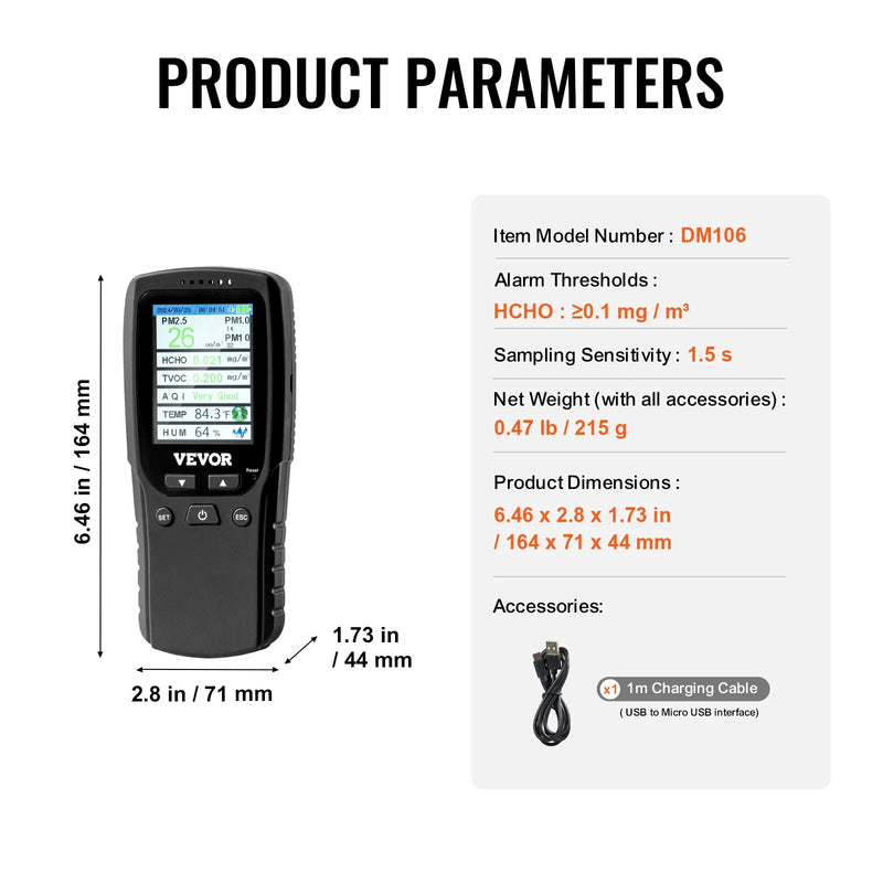 VEVOR 8-in-1 gaisa kvalitātes monitors ar PM1.0 / PM2.5 / PM10 daļiņu skaitītāju, formaldehīda, TVOC, temperatūras un mitruma mērīšanu, AQI mērītājs lietošanai telpās un ārā ar trauksmes sliekšņiem