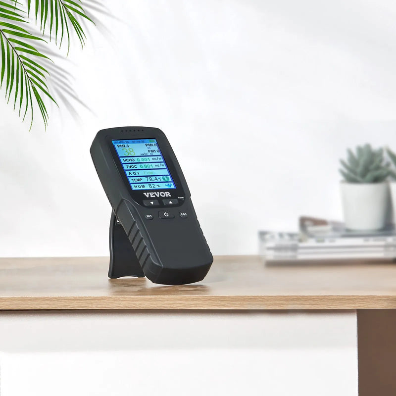 VEVOR 8-in-1 gaisa kvalitātes monitors ar PM1.0 / PM2.5 / PM10 daļiņu skaitītāju, formaldehīda, TVOC, temperatūras un mitruma mērīšanu, AQI mērītājs lietošanai telpās un ārā ar trauksmes sliekšņiem