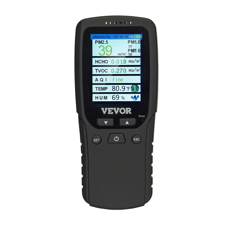 VEVOR 8-in-1 gaisa kvalitātes monitors, profesionāls PM2.5 / PM10 / PM1.0 daļiņu skaitītājs ar formaldehīda, TVOC, temperatūras un mitruma mērīšanu, AQI mērītājs lietošanai telpās un ārā ar trauksmes sliekšņiem