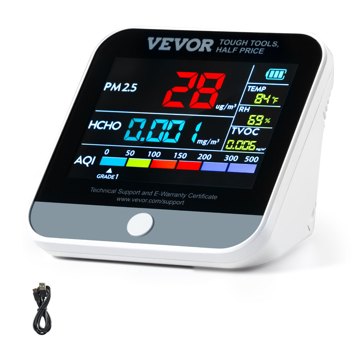 VEVOR 8-in-1 Mini Air Quality Monitor, Professional PM2.5/PM10/PM1.0 Particle Counter, Formaldehyde, Temperature, Humidity, TVOC, and AQI Monitor with Alert Thresholds, Suitable for Indoor and Outdoor Use
