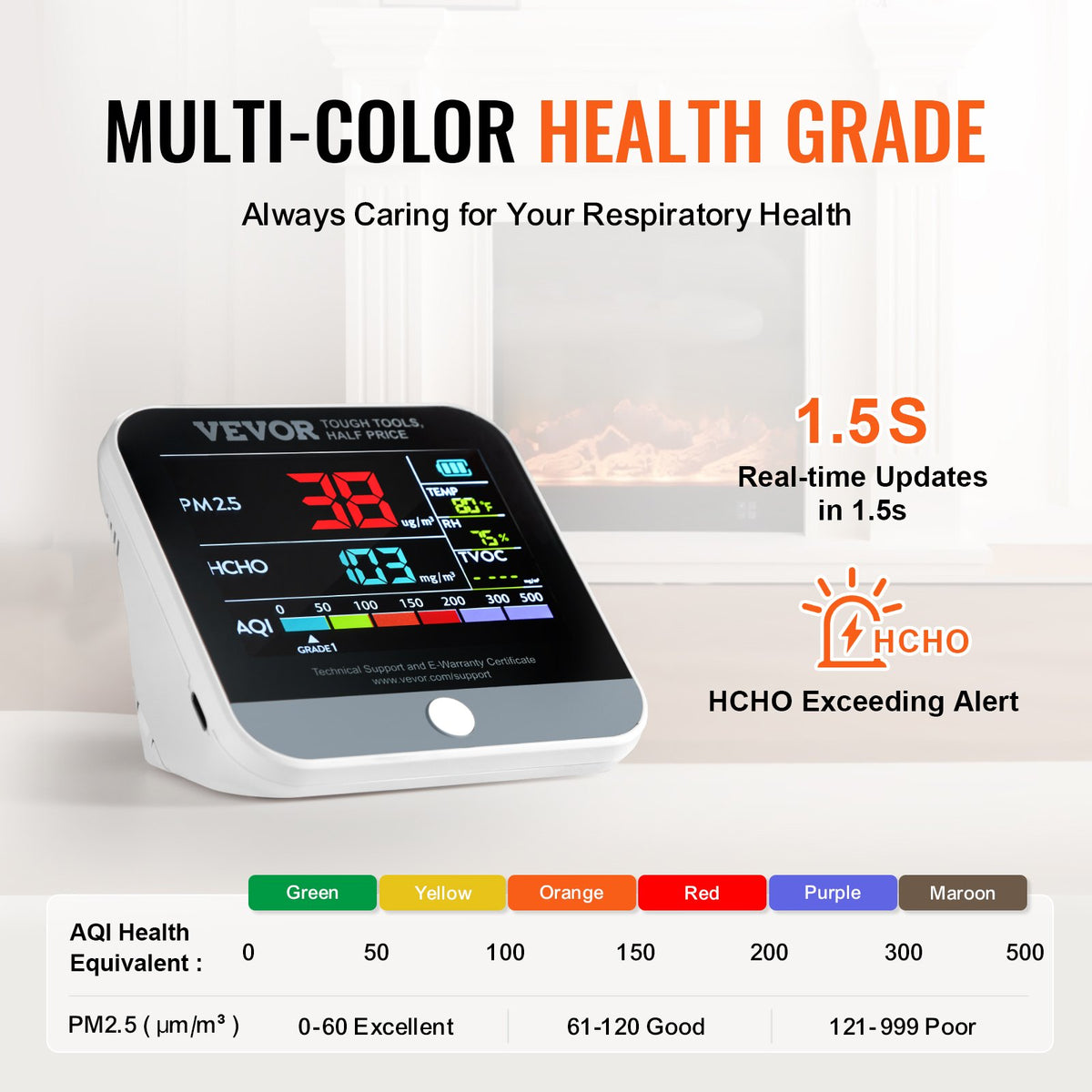 VEVOR 8-in-1 Mini Air Quality Monitor, Professional PM2.5/PM10/PM1.0 Particle Counter, Formaldehyde, Temperature, Humidity, TVOC, and AQI Monitor with Alert Thresholds, Suitable for Indoor and Outdoor Use