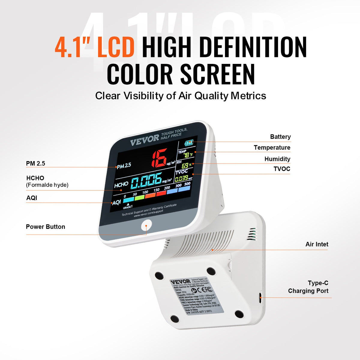 VEVOR 8-in-1 Mini Air Quality Monitor, Professional PM2.5/PM10/PM1.0 Particle Counter, Formaldehyde, Temperature, Humidity, TVOC, and AQI Monitor with Alert Thresholds, Suitable for Indoor and Outdoor Use