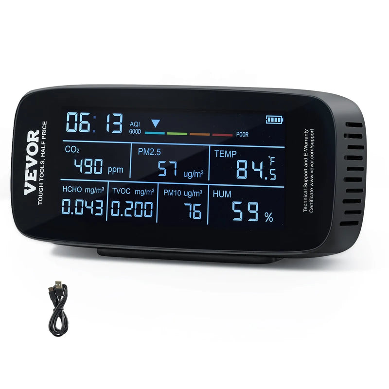 VEVOR 9-in-1 gaisa kvalitātes monitors ar CO₂, temperatūras, mitruma, formaldehīda un TVOC mērīšanu, profesionāls PM1.0 / PM2.5 / PM10 daļiņu skaitītājs ar AQI un trauksmes sliekšņiem lietošanai telpās un ārā