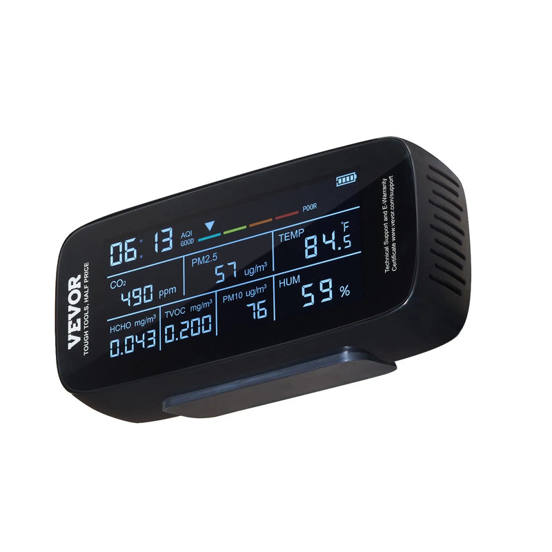 VEVOR 9-in-1 gaisa kvalitātes monitors ar CO₂, temperatūras, mitruma, formaldehīda un TVOC mērīšanu, profesionāls PM1.0 / PM2.5 / PM10 daļiņu skaitītājs ar AQI un trauksmes sliekšņiem lietošanai telpās un ārā