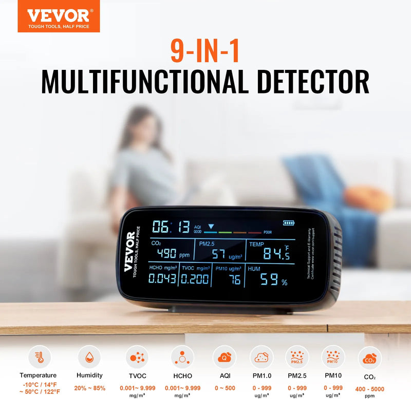 VEVOR 9-in-1 gaisa kvalitātes monitors ar CO₂, temperatūras, mitruma, formaldehīda un TVOC mērīšanu, profesionāls PM1.0 / PM2.5 / PM10 daļiņu skaitītājs ar AQI un trauksmes sliekšņiem lietošanai telpās un ārā
