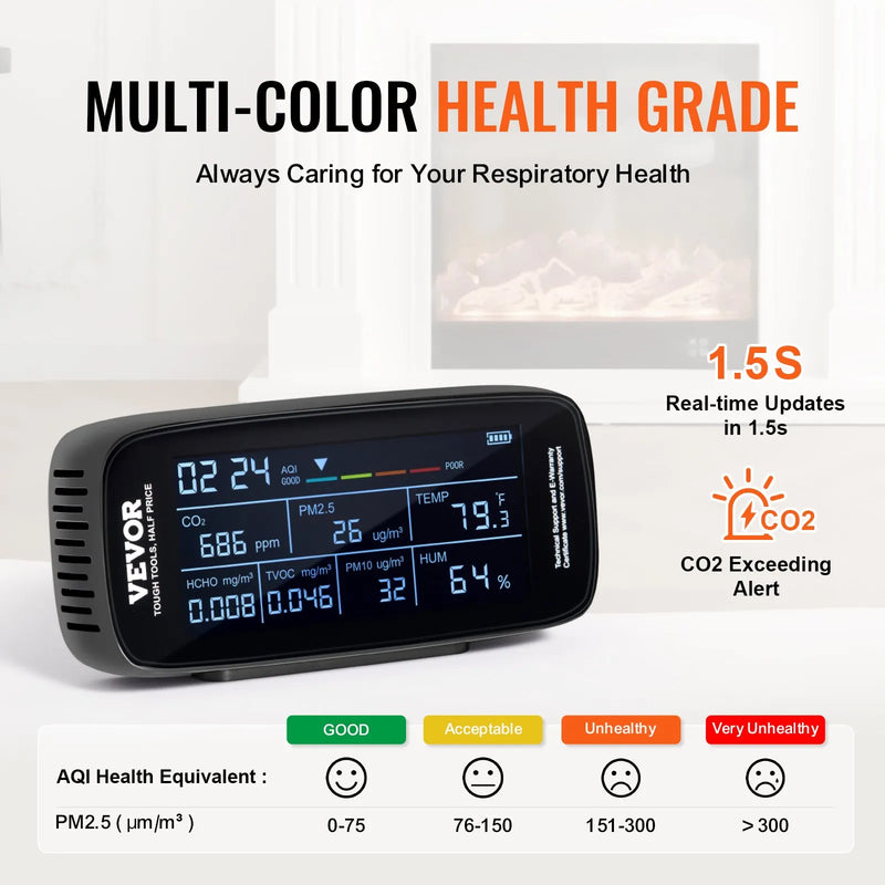 VEVOR 9-in-1 gaisa kvalitātes monitors ar CO₂, temperatūras, mitruma, formaldehīda un TVOC mērīšanu, profesionāls PM1.0 / PM2.5 / PM10 daļiņu skaitītājs ar AQI un trauksmes sliekšņiem lietošanai telpās un ārā