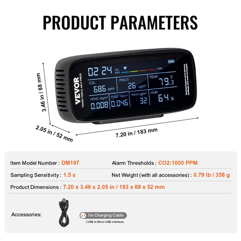 VEVOR 9-in-1 gaisa kvalitātes monitors ar CO₂, temperatūras, mitruma, formaldehīda un TVOC mērīšanu, profesionāls PM1.0 / PM2.5 / PM10 daļiņu skaitītājs ar AQI un trauksmes sliekšņiem lietošanai telpās un ārā