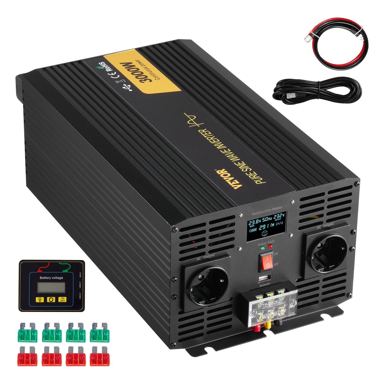 VEVOR puhta siinuslaine muundur 3000W DC24V kuni AC230V, inverter LCD ekraanil