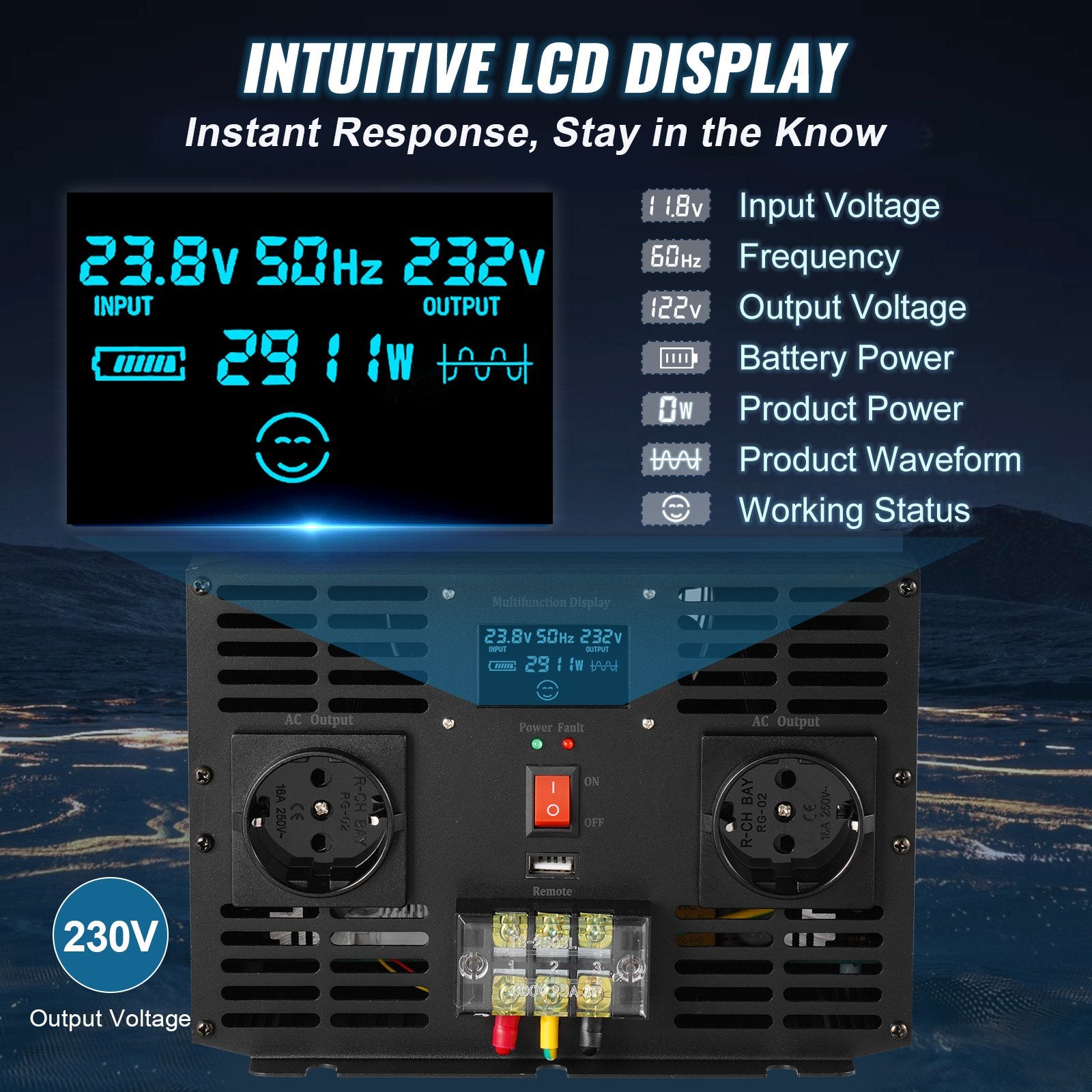 VEVOR puhta siinuslaine muundur 3000W DC24V kuni AC230V, inverter LCD ekraanil