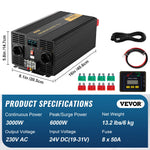 VEVOR puhta siinuslaine muundur 3000W DC24V kuni AC230V, inverter LCD ekraanil