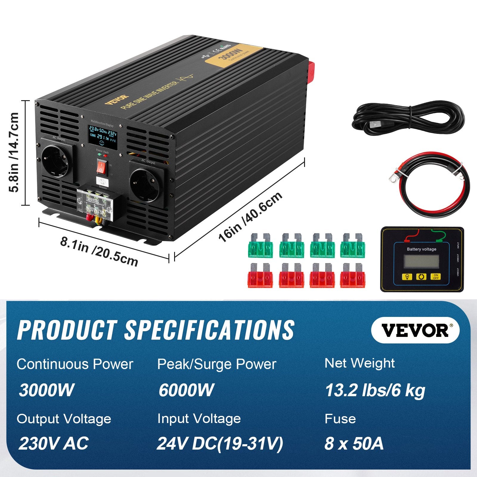 VEVOR puhta siinuslaine muundur 3000W DC24V kuni AC230V, inverter LCD ekraanil