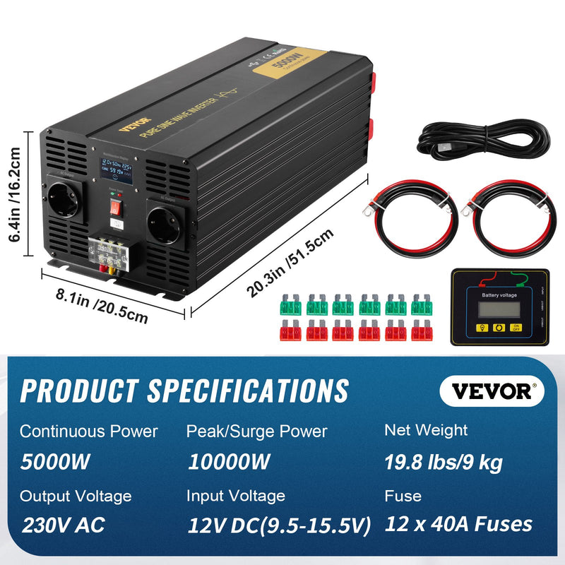 VEVOR pure sine wave inverter power converter 5000 W DC12V to AC230V inverter LCD