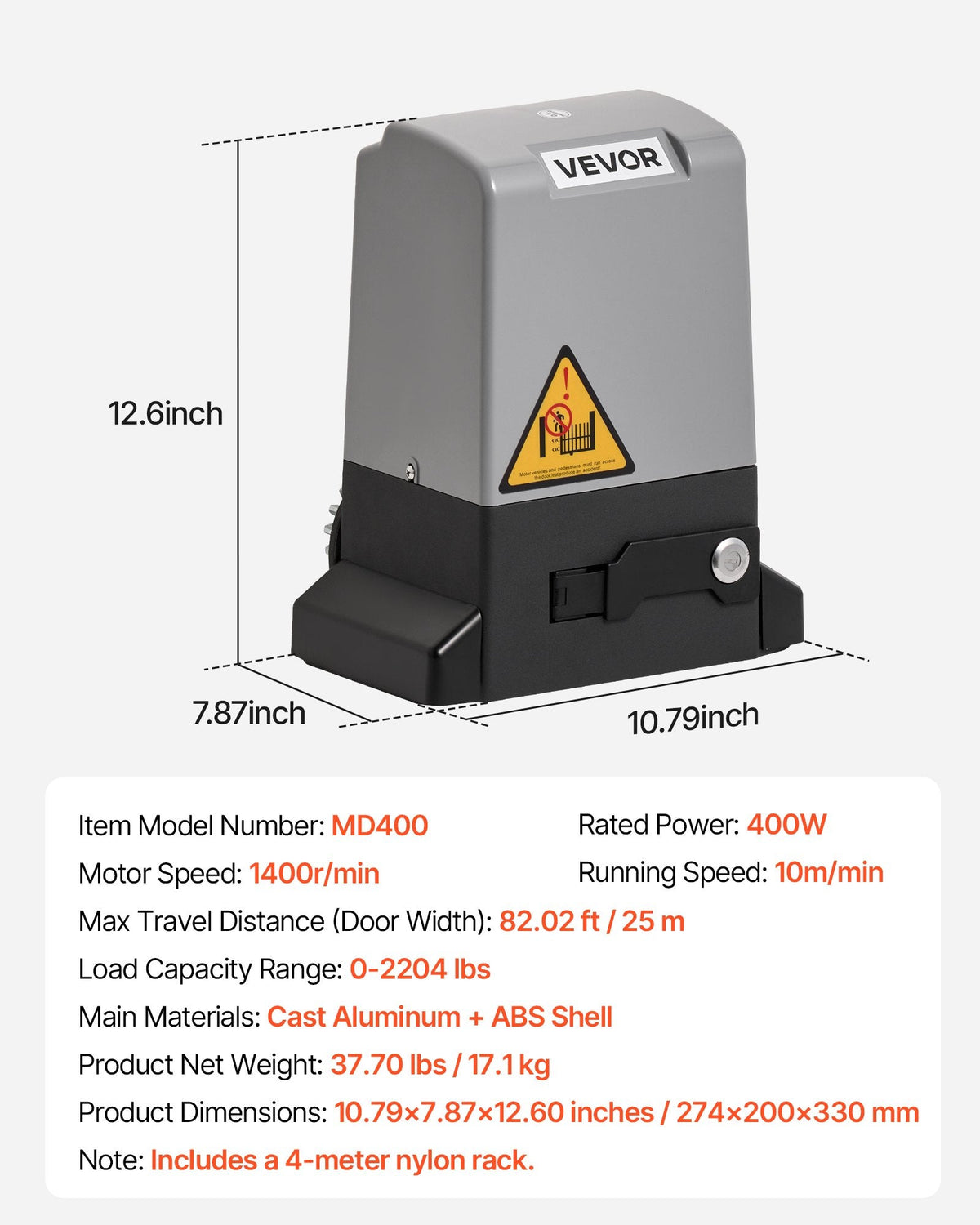 VEVOR Automātiskais bīdāmo vārtu atvērējs 400 W, elektrisks motors vārtiem līdz 25 m un 1000 kg, neilona zobratu sliede, infrasarkanais sensors un 2 tālvadības pultis, piebraucamo vārtu atvēršanas sistēma