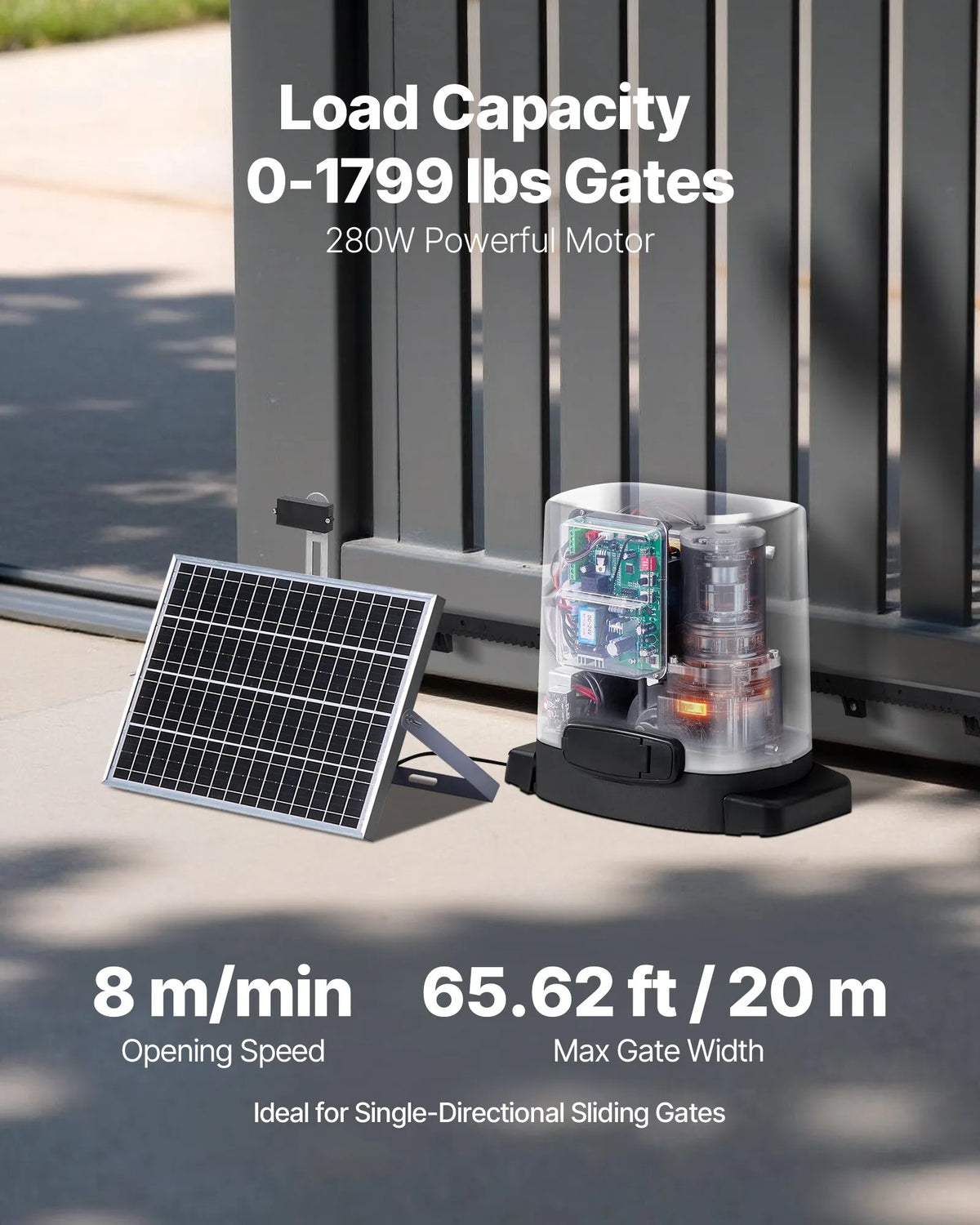 VEVOR Saules bīdāmo vārtu atvērējs 280 W, elektrisks motors vārtiem līdz 20 m un 816 kg, zobratu sliedes žoga vārtu motors ar infrasarkano sensoru un 2 tālvadības pultīm, piebraucamo vārtu atvēršanas sistēma