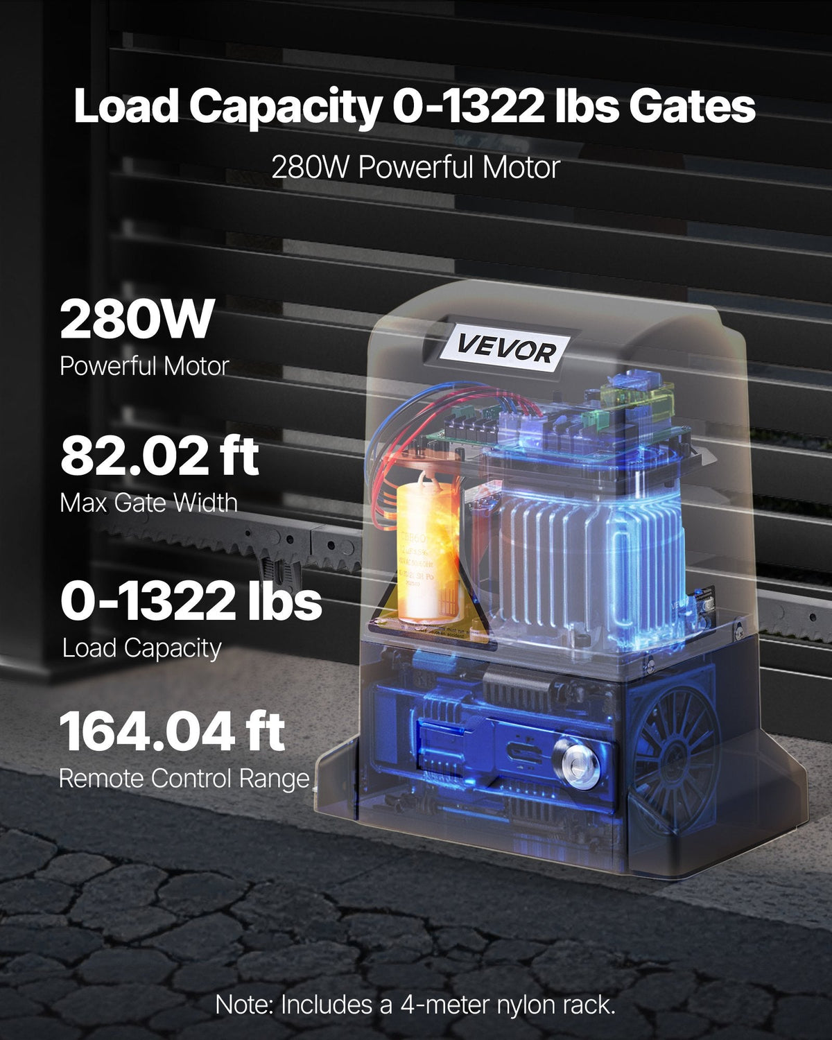 VEVOR Automātiskais bīdāmo vārtu atvērējs 280 W, elektrisks motors vārtiem līdz 25 m un 816 kg, neilona zobratu sliede, infrasarkanais sensors un 2 tālvadības pultis, piebraucamo vārtu atvēršanas sistēma