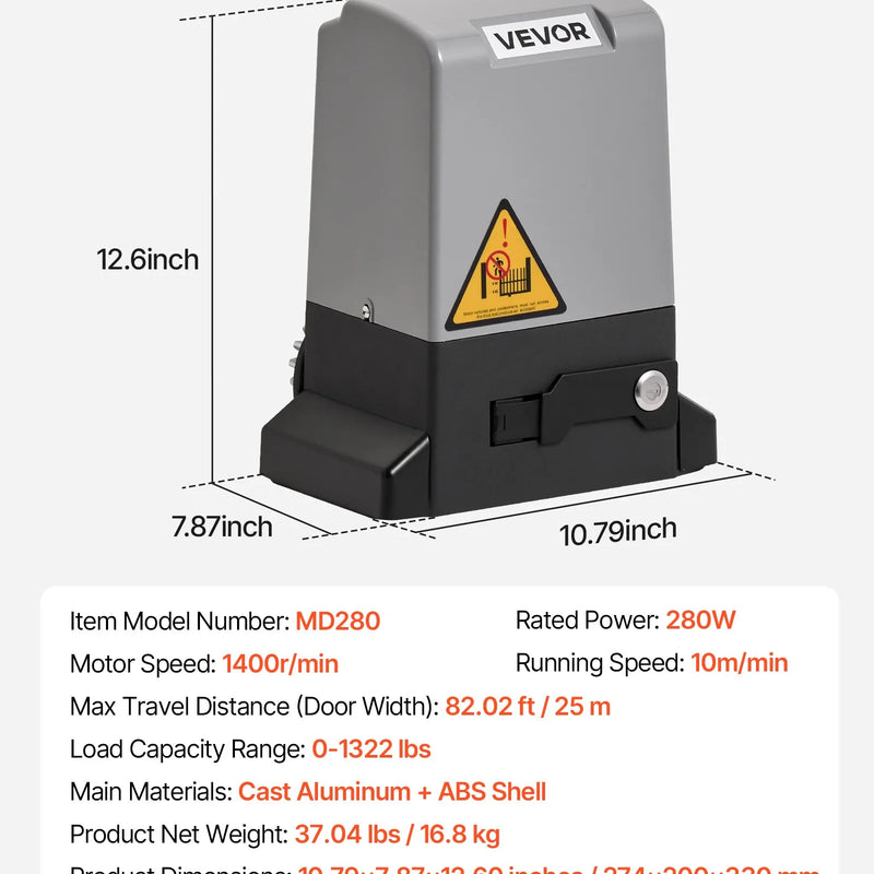 VEVOR Automātiskais bīdāmo vārtu atvērējs 280 W, elektrisks motors vārtiem līdz 25 m un 816 kg, neilona zobratu sliede, infrasarkanais sensors un 2 tālvadības pultis, piebraucamo vārtu atvēršanas sistēma