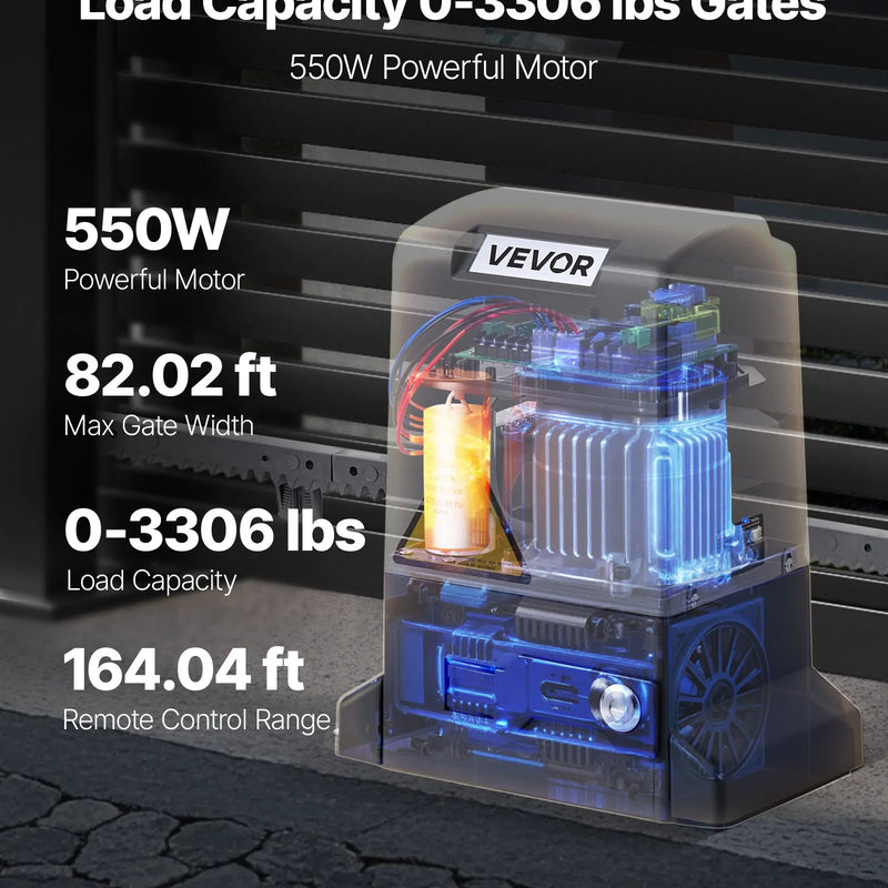 VEVOR Automātiskais bīdāmo vārtu atvērējs 550 W, elektrisks motors vārtiem līdz 25 m un 1500 kg, neilona zobratu sliede, infrasarkanais sensors un 2 tālvadības pultis, piebraucamo vārtu atvēršanas sistēma