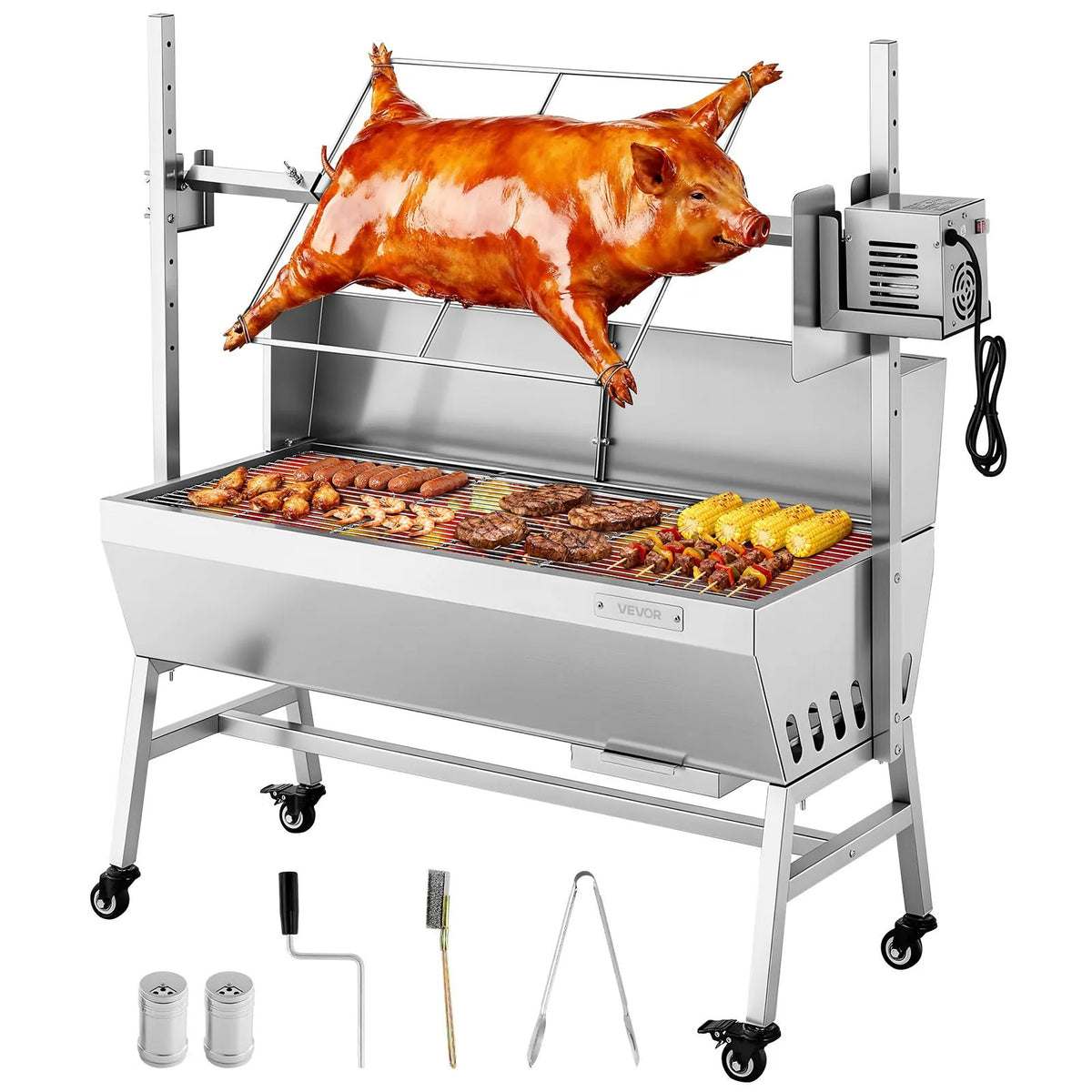 VEVOR elektriskais rotācijas grils, 38 W BBQ āra cūkas un jēra iesma grils, ogļu iesma grils ar 60 kg slodzes ietilpību un 7 līmeņu augstuma regulēšanu, nerūsējošā tērauda elektriskais rotācijas grila komplekts kempingam un lietošanai ārā