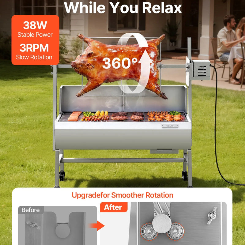 VEVOR elektriskais rotācijas grils, 38 W BBQ āra cūkas un jēra iesma grils, ogļu iesma grils ar 60 kg slodzes ietilpību un 7 līmeņu augstuma regulēšanu, nerūsējošā tērauda elektriskais rotācijas grila komplekts kempingam un lietošanai ārā