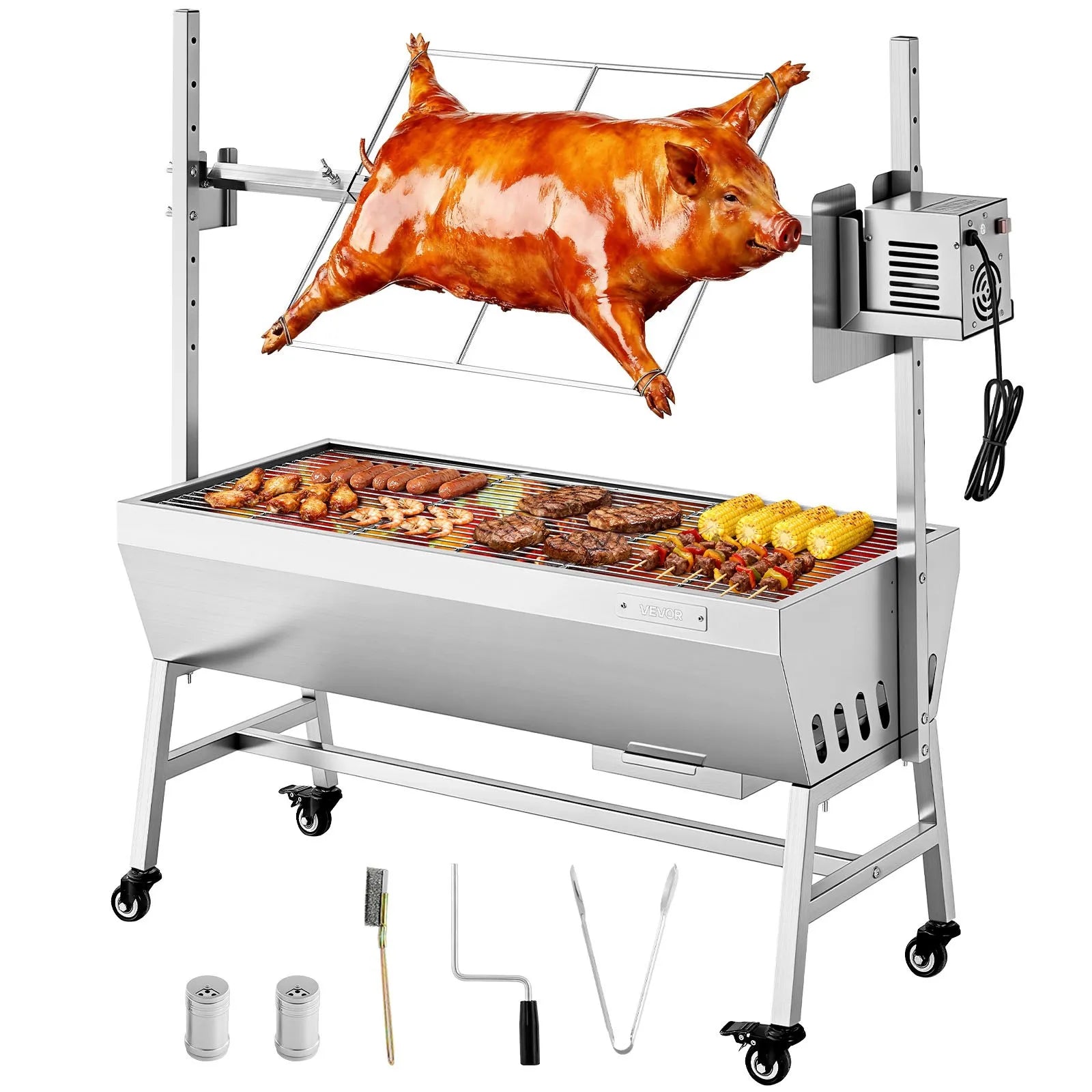 VEVOR rotējošais grils (spits), 38 W āra BBQ cūkas un jēra cepšanai, ogļu spits ar 60 kg kravnesību, ar riteņiem un 7 līmeņu augstuma regulēšanu, nerūsējošā tērauda elektriskais rotējošā grila komplekts kempingam un āra pasākumiem