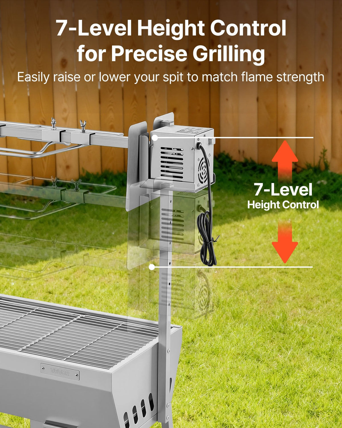 VEVOR rotējošais grils (spits), 38 W āra BBQ cūkas un jēra cepšanai, ogļu spits ar 60 kg kravnesību, ar riteņiem un 7 līmeņu augstuma regulēšanu, nerūsējošā tērauda elektriskais rotējošā grila komplekts kempingam un āra pasākumiem