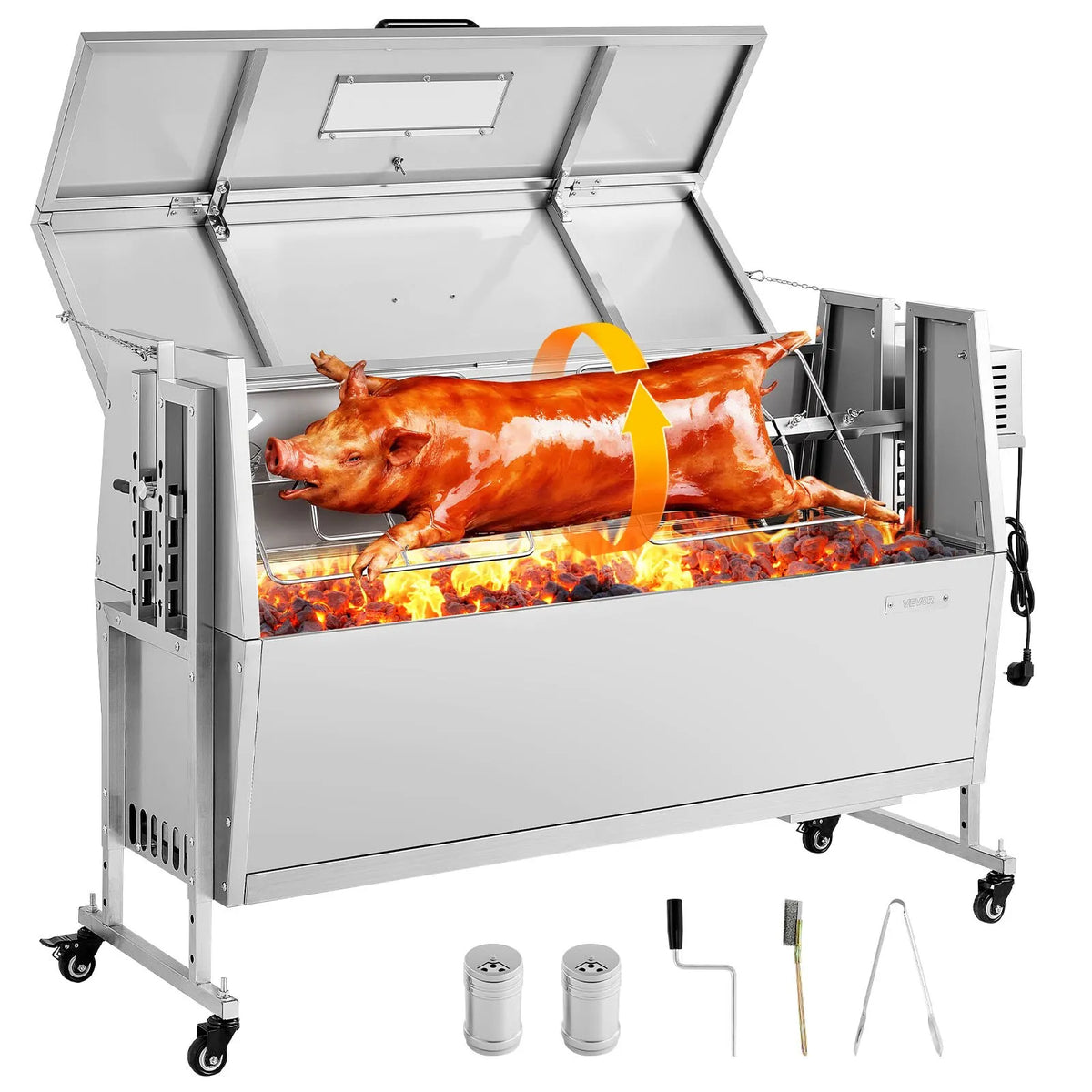 VEVOR rotējošais grils (spits), 38 W āra BBQ cūkas un jēra cepšanai, ogļu spits ar 60 kg kravnesību, ar riteņiem un 4 līmeņu augstuma regulēšanu, nerūsējošā tērauda elektriskais rotējošā grila komplekts kempingam un āra pasākumiem